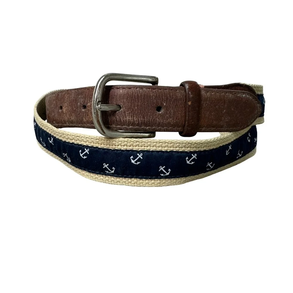 Dockers Mens Nautical Anchor Fabric Leather Trim Belt Navy Tan Brown Size 44